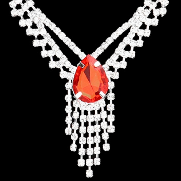 Red Silver Droplet Fringe Rhinestone Crystal Necklace Jewelry Formal Black Tie - Picture 7 of 8